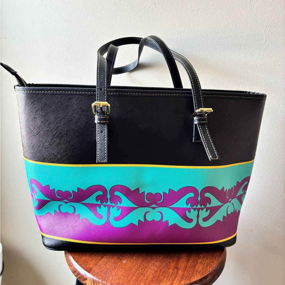 Black Tote Bag with Teal & Purple Decorative Band